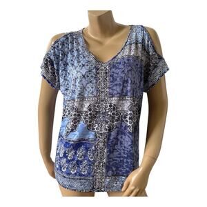 INC Womens Size Large Sheer Embellished V Neck Tribal Boho Cold Shoulder Shirt